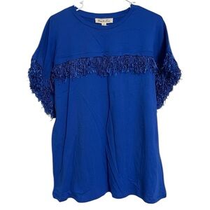 Tassled Blue Womens T-Shirt Top 100% Cotton Blouse Vine & Love Size Medium NWT
